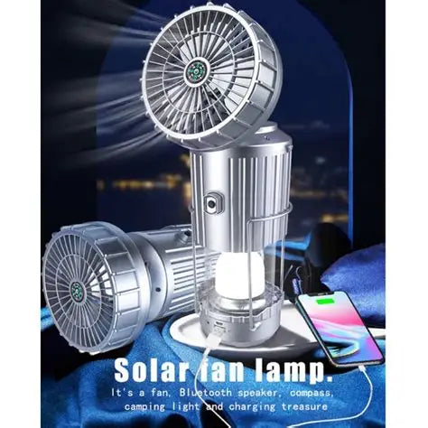 Solar Rechargeable Mini Fan with LED Light & USB Charging 5000mAh