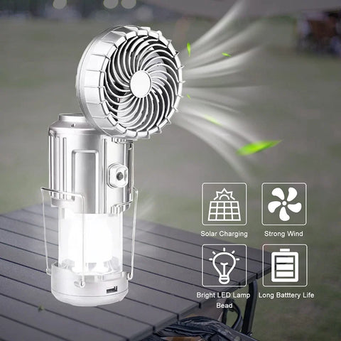 Solar Rechargeable Mini Fan with LED Light & USB Charging 5000mAh